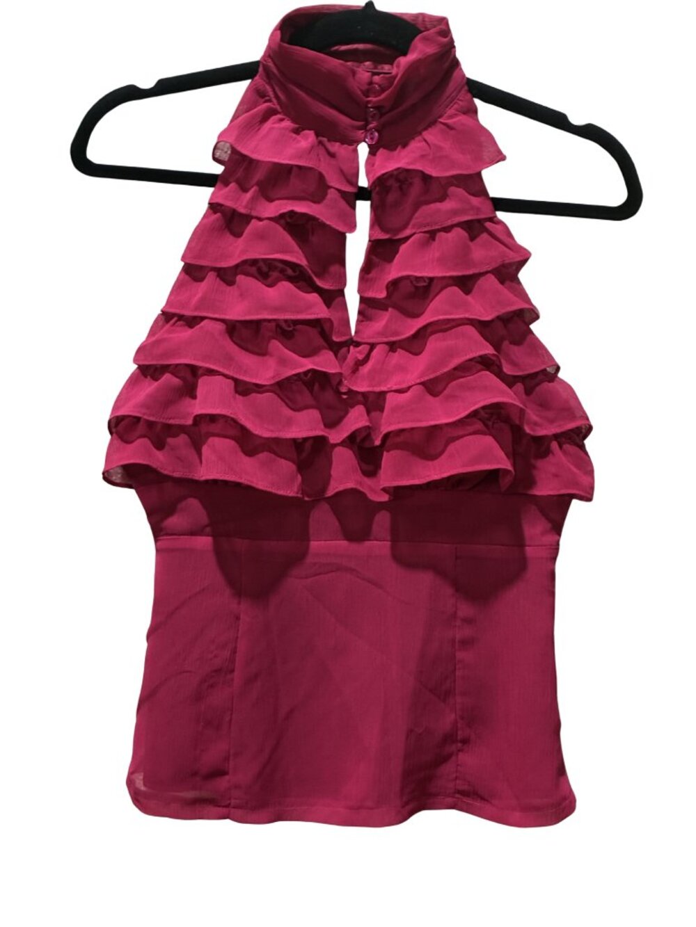Vintage Y2K Magenta Pink Tiered Ruffle Halter Top High Neck Keyhole Blouse Small